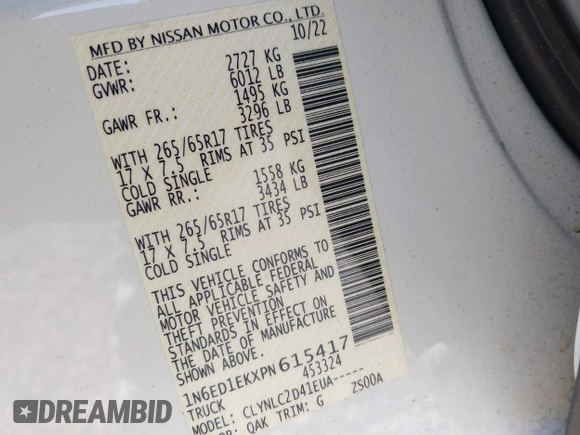 2023 Nissan Frontier SV with VIN 1N6ED1EKXPN615417, listed as a IAAI auction lot 41814101 with 16,778 mi miles and . Bid and sale history available at DreamBid. Image 9.