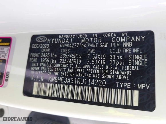 2024 Hyundai Kona Limited with VIN KM8HE3A31RU114220, listed as a IAAI auction lot 41577683 with 11,323 mi miles. Bid and sale history available at carsss.com. Image 9.