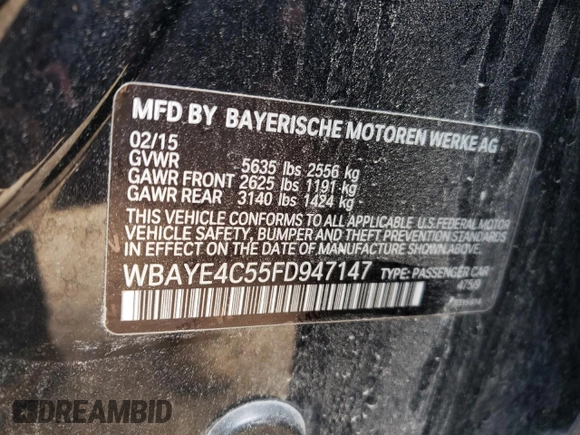 2015 BMW 7 Series 740Li with VIN WBAYE4C55FD947147, listed as a Copart auction lot 43274705 with 194,914 mi miles and Salvage Title. Bid and sale history available at DreamBid. Image 13.
