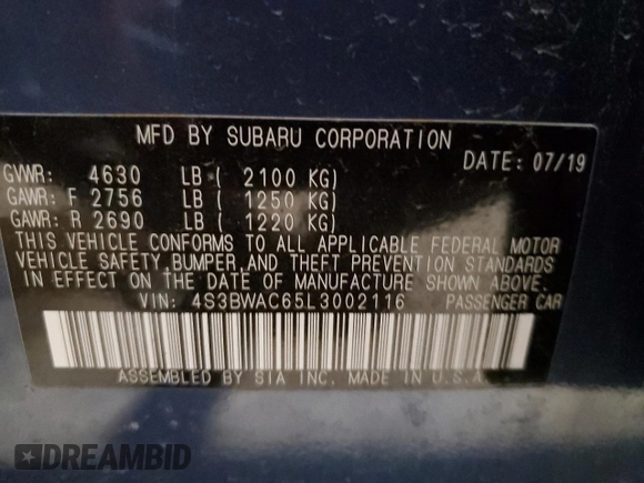 2020 Subaru Legacy Premium с VIN 4S3BWAC65L3002116, выставлен на аукционе Copart как лот 46534895 с пробегом 47 783 миль миль и Списание • Salvage title. История ставок и продаж доступна на DreamBid. Изображение 12.