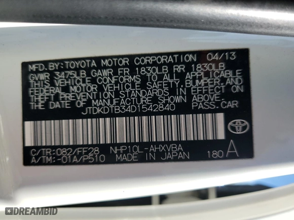 2013 Toyota Prius c One with VIN JTDKDTB34D1542840, listed as a Copart auction lot 87762425 with 0 mi miles and Clean Title. Bid and sale history available at carsss.com. Image 12.