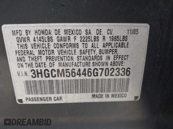 2006 Honda Accord LX with VIN 3HGCM56446G702336, listed as a IAAI auction lot 42541732 with 256,056 mi miles and . Bid and sale history available at DreamBid. Image 9.