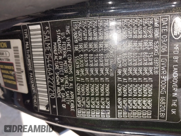 2006 Land Rover Range Rover HSE with VIN SALME15446A227210, listed as a IAAI auction lot 42385606 with Not provided miles and . Bid and sale history available at DreamBid. Image 9.