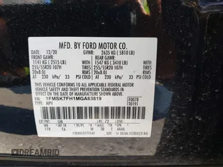 2021 Ford Explorer Limited z VIN 1FMSK7FH1MGA63819, wystawiony jako IAAI lot #41965734 z przebiegiem 68 409 mil mil oraz . Historia ofert i sprzedaży dostępna na DreamBid. Obrazek 9.