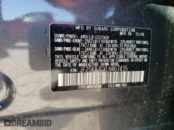2020 Subaru Forester Premium with VIN JF2SKAJCXLH467435, listed as a Copart auction lot 53973331 with 6,070 mi miles and Salvage Title. Bid and sale history available at carsss.com. Image 10.