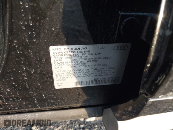 2023 Audi Q5 S line Premium with VIN WA1GAAFY1P2052745, listed as a IAAI auction lot 41454501 with Not provided miles and . Bid and sale history available at DreamBid. Image 9.