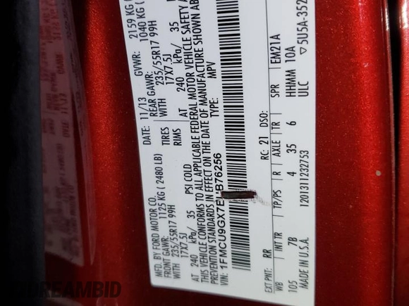 2014 Ford Escape SE with VIN 1FMCU9GX7EUB76256, listed as a Copart auction lot 57788615 with 156,346 mi miles and Clean title. Bid and sale history available at DreamBid. Image 13.