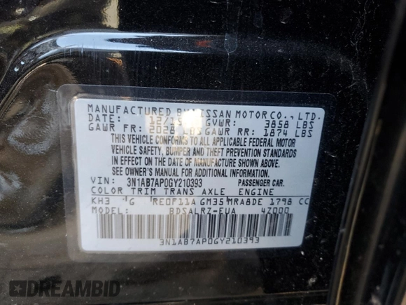 2016 Nissan Sentra S with VIN 3N1AB7AP0GY210393, listed as a Copart auction lot 42916664 with Not Provided miles and Non Repairable. Bid and sale history available at carsss.com. Image 12.