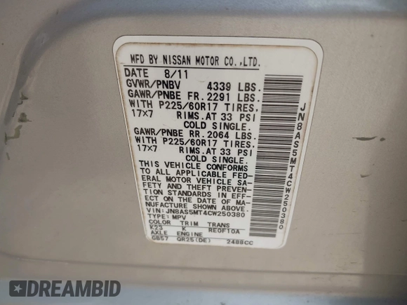 2012 Nissan Rogue SL with VIN JN8AS5MT4CW250380, listed as a IAAI auction lot 42118989 with 119,158 mi miles and . Bid and sale history available at DreamBid. Image 9.