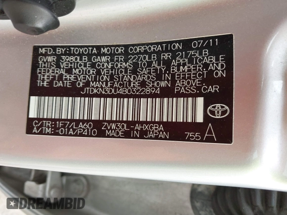 2011 Toyota Prius I with VIN JTDKN3DU4B0322894, listed as a IAAI auction lot 41806593 with 184,261 mi miles. Bid and sale history available at carsss.com. Image 9.
