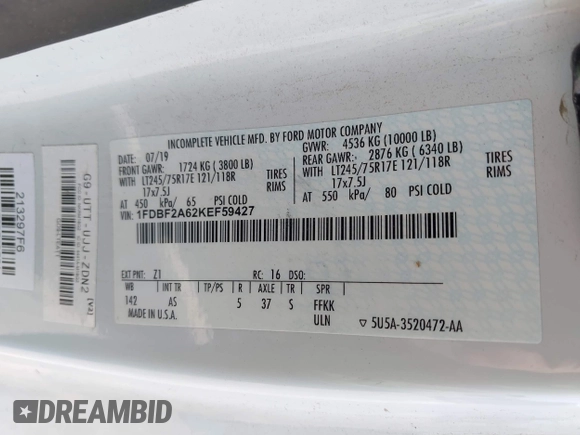 2019 Ford F-250 XL with VIN 1FDBF2A62KEF59427, listed as a IAAI auction lot 42523580 with 80,243 mi miles and . Bid and sale history available at DreamBid. Image 9.