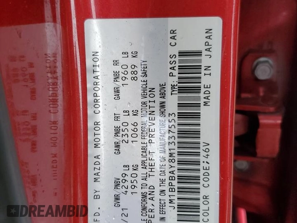 2021 Mazda 3 2.5 Turbo with VIN JM1BPBAY8M1337553, listed as a Copart auction lot 44011805 with Not Provided miles and Salvage Title. Bid and sale history available at DreamBid. Image 12.