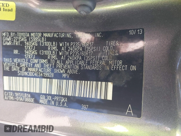 2014 Toyota Sienna XLE with VIN 5TDYK3DC4ES419928, listed as a IAAI auction lot 41976538 with 144,405 mi miles. Bid and sale history available at carsss.com. Image 8.
