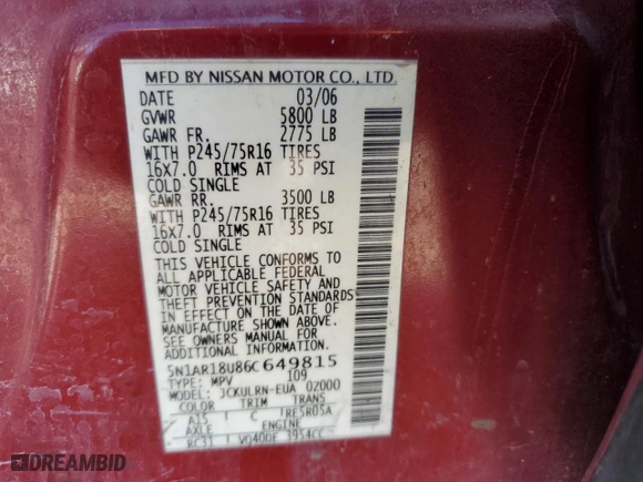 2006 Nissan Pathfinder SE with VIN 5N1AR18U86C649815, listed as a Copart auction lot 49448915 with 211,186 mi miles and Salvage Title. Bid and sale history available at carsss.com. Image 13.