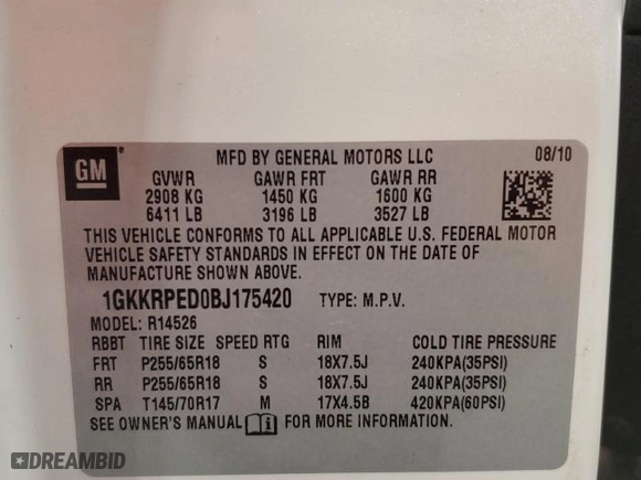 2011 GMC Acadia SLE with VIN 1GKKRPED0BJ175420, listed as a Copart auction lot 51105305 with 168,628 mi miles and Salvage Title. Bid and sale history available at carsss.com. Image 14.