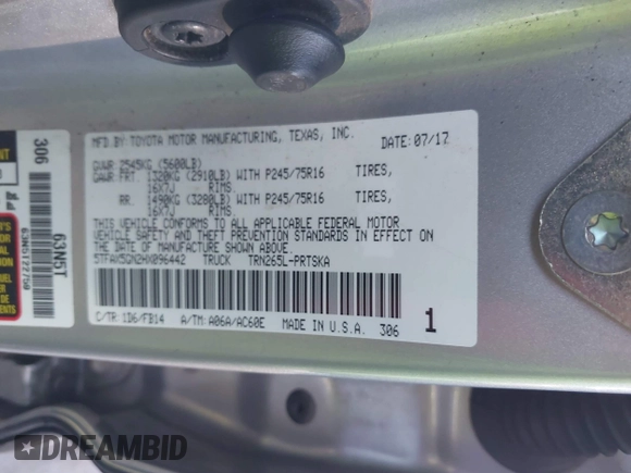 2017 Toyota Tacoma SR with VIN 5TFAX5GN2HX096442, listed as a IAAI auction lot 41667984 with 63,377 mi miles. Bid and sale history available at carsss.com. Image 9.
