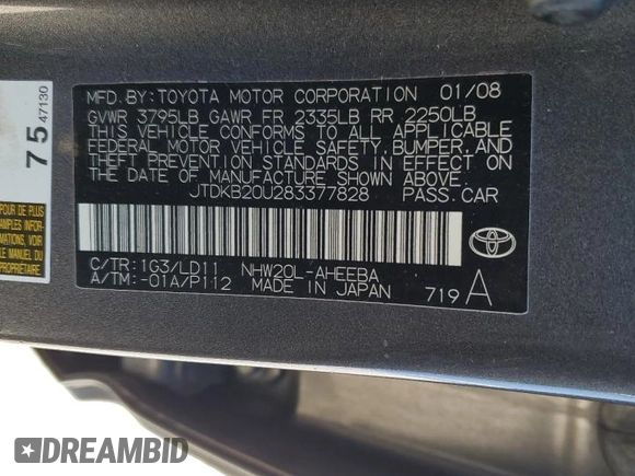 2008 Toyota Prius with VIN JTDKB20U283377828, listed as a Copart auction lot 88783825 with Not Provided miles and Non Repairable. Bid and sale history available at DreamBid. Image 14.