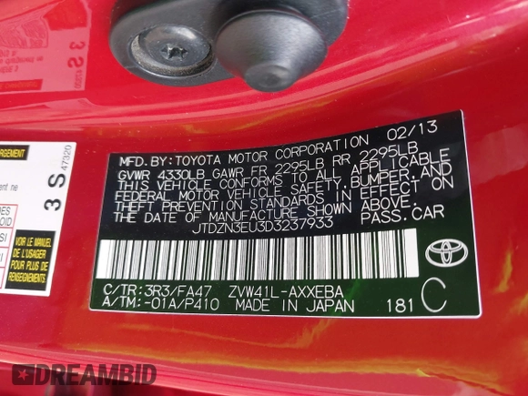 2013 Toyota Prius Two with VIN JTDZN3EU3D3237933, listed as a IAAI auction lot 41722468 with 151,777 mi miles and . Bid and sale history available at carsss.com. Image 9.