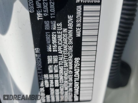2020 Porsche Cayenne with VIN WP1AA2AY1LDA07598, listed as a Copart auction lot 56995655 with 24,678 mi miles and Salvage title. Bid and sale history available at DreamBid. Image 12.