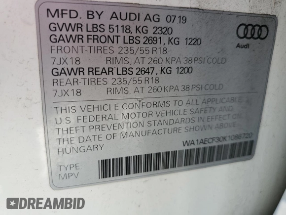 2019 Audi Q3 Premium with VIN WA1AECF30K1086720, listed as a Copart auction lot 48131155 with 51,147 mi miles and Salvage Title. Bid and sale history available at carsss.com. Image 14.