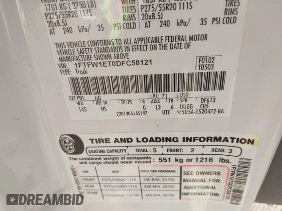 2013 Ford F-150 XL with VIN 1FTFW1ET0DFC58121, listed as a IAAI auction lot 41468151 with 132,219 mi miles. Bid and sale history available at carsss.com. Image 9.