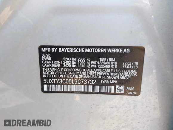 2020 BMW X3 sDrive30i with VIN 5UXTY3C05L9C73732, listed as a IAAI auction lot 40252791 with 77,176 mi miles. Bid and sale history available at carsss.com. Image 9.