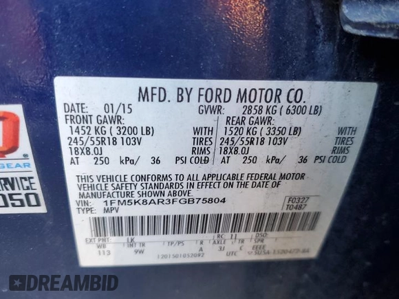 2015 Ford Utility Police Interceptor with VIN 1FM5K8AR3FGB75804, listed as a Copart auction lot 69393884 with 0 mi miles and Salvage Title. Bid and sale history available at carsss.com. Image 13.