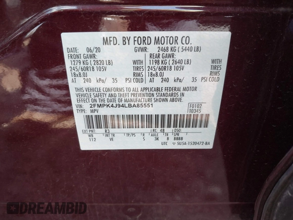 2020 Ford Edge SEL with VIN 2FMPK4J94LBA85551, listed as a IAAI auction lot 41994442 with 27,329 mi miles and . Bid and sale history available at DreamBid. Image 9.