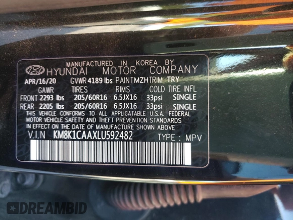 2020 Hyundai Kona SE with VIN KM8K1CAAXLU592482, listed as a Copart auction lot 57751842 with 28,783 mi miles. Bid and sale history available at carsss.com. Image 10.