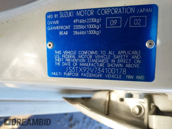 2003 Suzuki XL7 Touring z VIN JS3TX92V734100178, wystawiony jako IAAI lot #41386492 z przebiegiem 91 912 mil mil oraz . Historia ofert i sprzedaży dostępna na DreamBid. Obrazek 9.