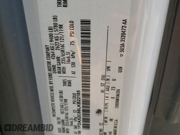 2020 Ford Transit Passenger XL z VIN 1FDAX2C88LKB22185, wystawiony jako Copart lot #85075844 z przebiegiem 252 892 mil mil oraz Szkoda całkowita • Salvage title. Historia ofert i sprzedaży dostępna na DreamBid. Obrazek 15.