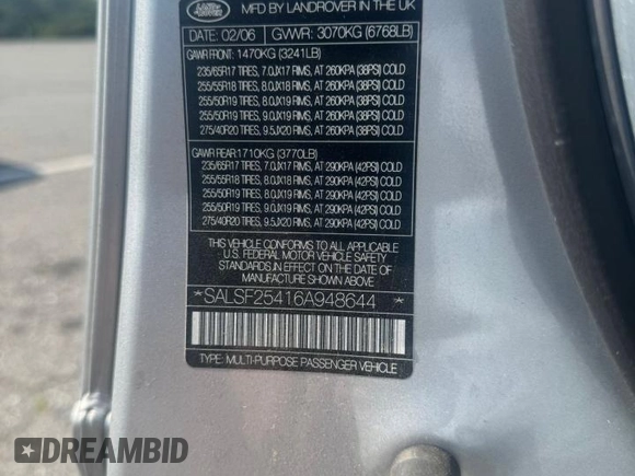 2006 Land Rover Range Rover Sport HSE with VIN SALSF25416A94864, listed as a Copart auction lot 65340605 with 8,000 mi miles and Clean title. Bid and sale history available at DreamBid. Image 10.