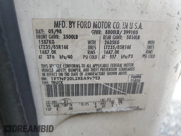 1999 Ford F-250 XL с VIN 1FTNF20L3XEA99923, выставлен на аукционе Copart как лот 58765435 с пробегом 559 043 миль миль и Списание • Salvage title. История ставок и продаж доступна на DreamBid. Изображение 12.