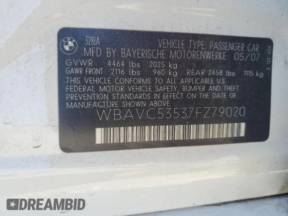 2007 BMW 3 Series 328i with VIN WBAVC53537FZ79020, listed as a Copart auction lot 57387485 with Not provided miles and Salvage title. Bid and sale history available at DreamBid. Image 13.
