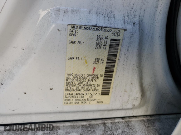 2014 Nissan Altima 2.5 S with VIN 1N4AL3AP6EN375223, listed as a Copart auction lot 88708535 with 116,164 mi miles and Salvage Title. Bid and sale history available at carsss.com. Image 12.