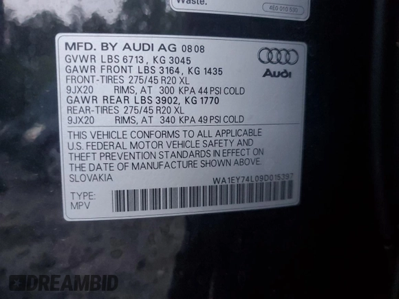 2009 Audi Q7 Premium Plus with VIN WA1EY74L09D015397, listed as a Copart auction lot 72916724 with 217,889 mi miles and Clean title. Bid and sale history available at DreamBid. Image 13.