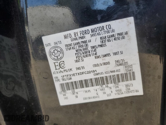2013 Ford F-150 XL with VIN 1FTFX1ETXDFC22191, listed as a Copart auction lot 53003795 with 183,975 mi miles and Clean Title. Bid and sale history available at carsss.com. Image 12.