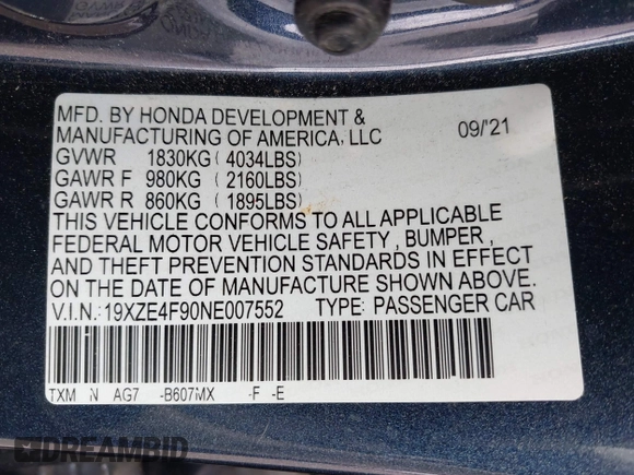 2022 Honda Insight Touring with VIN 19XZE4F90NE007552, listed as a IAAI auction lot 42038471 with 7,904 mi miles and . Bid and sale history available at carsss.com. Image 9.