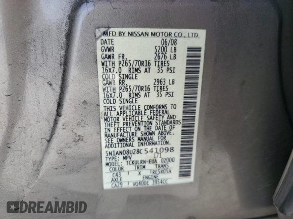 2008 Nissan Xterra S z VIN 5N1AN08U28C541098, wystawiony jako Copart lot #59870045 z przebiegiem 161 009 mil mil oraz Szkoda całkowita • Salvage title. Historia ofert i sprzedaży dostępna na DreamBid. Obrazek 13.
