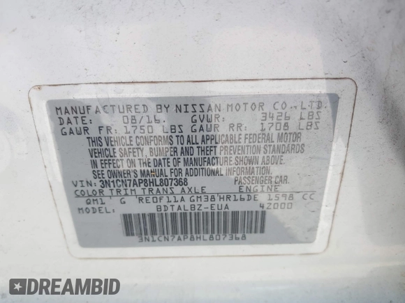 2017 Nissan Versa SV with VIN 3N1CN7AP8HL807368, listed as a IAAI auction lot 39267790 with 118,955 mi miles and . Bid and sale history available at DreamBid. Image 9.