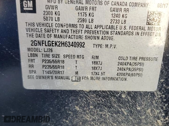 2017 Chevrolet Equinox Premier with VIN 2GNFLGEK2H6340992, listed as a Copart auction lot 53134685 with 131,867 mi miles and Salvage Title. Bid and sale history available at carsss.com. Image 13.