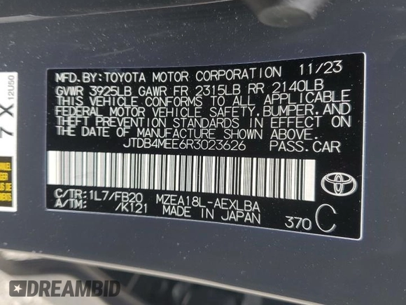 2024 Toyota Corolla LE with VIN JTDB4MEE6R3023626, listed as a Copart auction lot 49280615 with 19,342 mi miles and Salvage title. Bid and sale history available at DreamBid. Image 15.