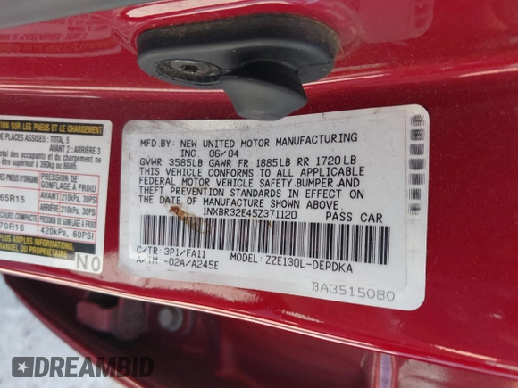 2005 Toyota Corolla CE with VIN 1NXBR32E45Z371120, listed as a IAAI auction lot 41967811 with 219,793 mi miles and . Bid and sale history available at DreamBid. Image 9.