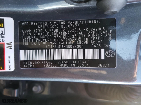 2022 Toyota Avalon XLE with VIN 4T1AZ1FB3NU087901, listed as a Copart auction lot 43288015 with 63,349 mi miles and Salvage Title. Bid and sale history available at carsss.com. Image 13.