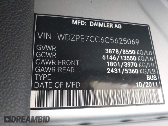2012 Mercedes-Benz Sprinter Passenger with VIN WDZPE7CC6C5625069, listed as a IAAI auction lot 41922635 with 102,975 mi miles. Bid and sale history available at carsss.com. Image 9.