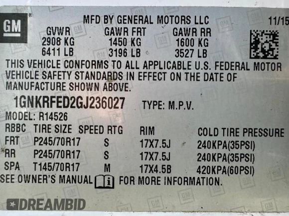 2016 Chevrolet Traverse LS with VIN 1GNKRFED2GJ236027, listed as a Copart auction lot 41712055 with 117,234 mi miles and Salvage Title. Bid and sale history available at carsss.com. Image 15.