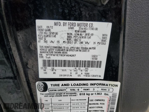 2013 Ford F-150 XL with VIN 1FTFW1ET8DFA04267, listed as a Copart auction lot 44449155 with 199,150 mi miles and Clean Title. Bid and sale history available at DreamBid. Image 14.
