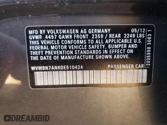 2013 Volkswagen CC Sport z VIN WVWBN7AN6DE510424, wystawiony jako Copart lot #48675465 z przebiegiem 116 150 mil mil oraz Szkoda całkowita • Salvage title. Historia ofert i sprzedaży dostępna na DreamBid. Obrazek 14.