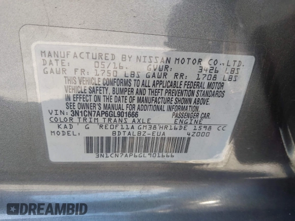 2016 Nissan Versa S Plus with VIN 3N1CN7AP6GL901666, listed as a IAAI auction lot 42126865 with 158,067 mi miles. Bid and sale history available at carsss.com. Image 9.