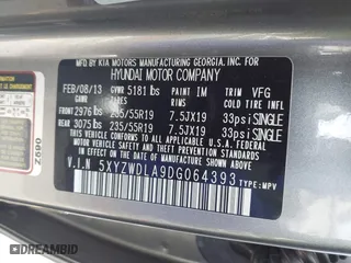 2013 Hyundai Santa Fe 2.0T Sport with VIN 5XYZWDLA9DG064393, listed as a IAAI auction lot 41601453 with 71,136 mi miles. Bid and sale history available at carsss.com. Image 9.